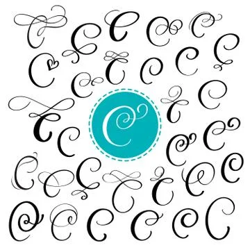 Set of Hand drawn vector calligraphy letter C. Script font. Isolated letters Stock Illustration