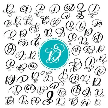 Set of Hand drawn vector calligraphy letter D. Script font. Isolated letters Stock Illustration