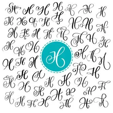 Set of Hand drawn vector calligraphy letter H. Script font. Isolated letters Stock Illustration