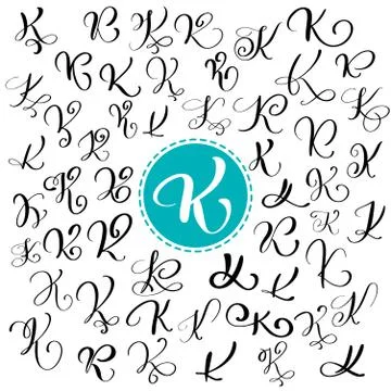 Set of Hand drawn vector calligraphy letter K. Script font. Isolated letters Stock Illustration