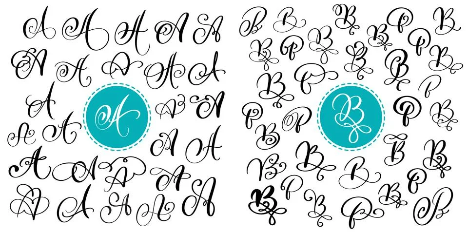 Set of Hand drawn vector calligraphy letter A and B. Script font. Isolated Stock Illustration