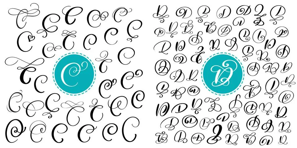 Set of Hand drawn vector calligraphy letters C and D. Script font. Isolated Illustrazione stock