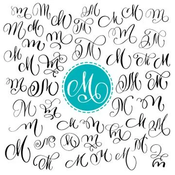 Set of Hand drawn vector calligraphy letter M. Script font. Isolated letters Illustrazione stock
