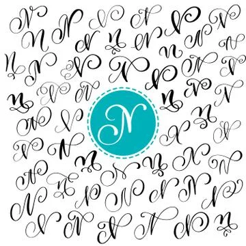 Set of Hand drawn vector calligraphy letter N. Script font. Isolated letters Stock Illustration