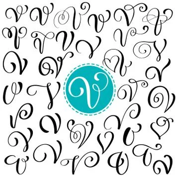 Set of Hand drawn vector calligraphy letter V. Script font. Isolated letters Illustrazione stock
