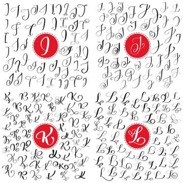 Set of Hand drawn vector calligraphy letter I, J, K, L. Script font. Isolated Illustrazione stock
