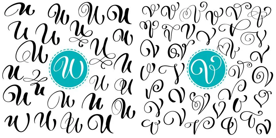 Set of Hand drawn vector calligraphy letter U, V. Script font. Isolated letters Stock-Illustration