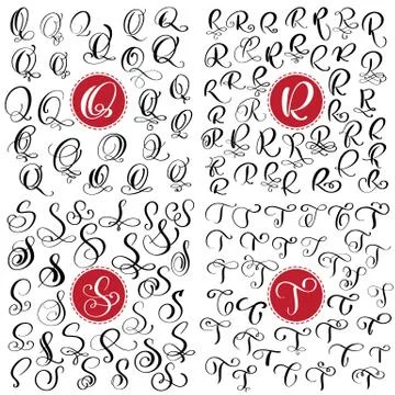 Set of Hand drawn vector calligraphy letter Q, R, S, T. Script font. Isolated Illustrazione stock