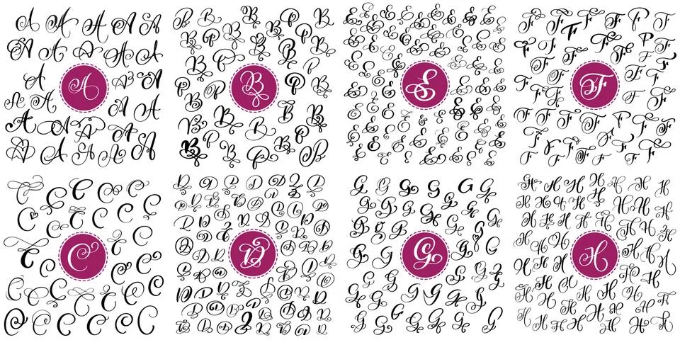 Set of Hand drawn vector calligraphy letters A, B, C, D, E, F, G, H. Script font Stock Illustration