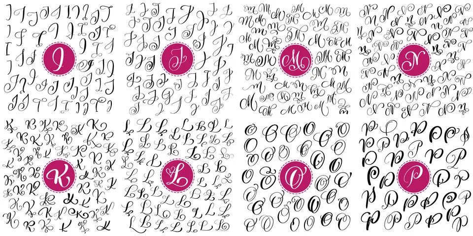 Set of Hand drawn vector calligraphy letters I, J, K, K, M, N, O, P. Script font Illustrazione stock