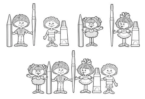 Set of hand drawn vector cartoon kids Stock Illustration