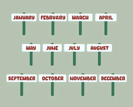 A set of hand-drawn vector cartoon signs with the months of the year. Isolated Stock Illustration