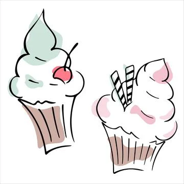 Set of hand-drawn vector cupcakes in doodle style Stock Illustration