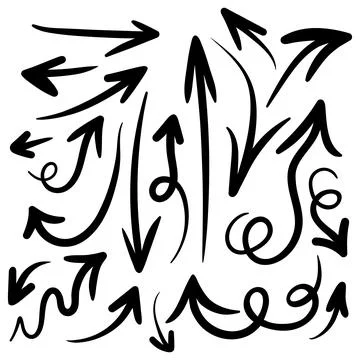 Set of hand drawn vector curved arrows and arrows with twisted tails. Doodle Stock Illustration