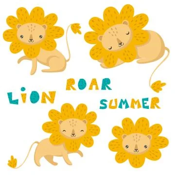 Set of hand drawn vector. Cute lion and lettering. Stock Illustration