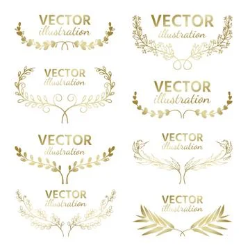 Set of hand drawn vector, gold branches with leaves and berries. Floral sketc Stock Illustration