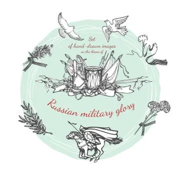 Set of hand-drawn vector graphics on the theme of Russian military glory Stock Illustration