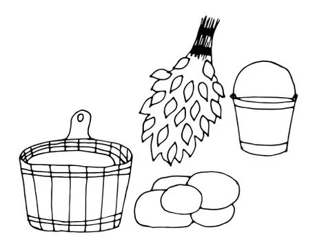 Set of hand drawn vector icons. Bath basin and birch broom Stock Illustration