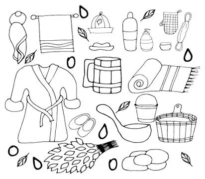 Set of hand drawn vector icons. Products for bath and personal hygiene. Stock Illustration