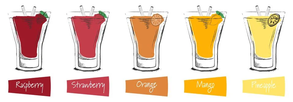 Set of hand drawn vector illustration in sketch retro style. Raspberry, Straw Stock Illustration