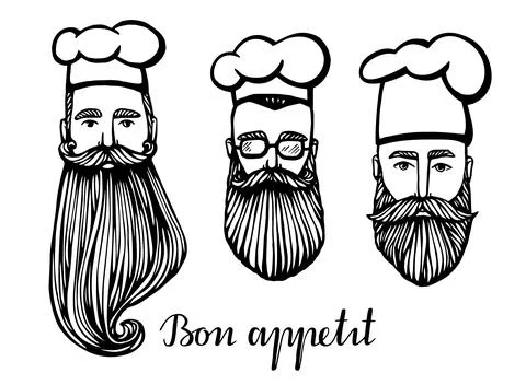 Set of Hand drawn vector illustration of hipster chief-cooker with a mustache Stock Illustration