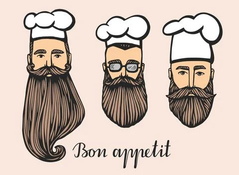 Set of Hand drawn vector illustration of hipster chief-cooker with a mustache Stock Illustration
