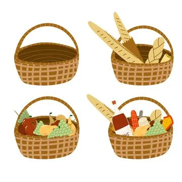 Set of hand drawn vector illustration of empty and full picnic baskets filled Stock Illustration