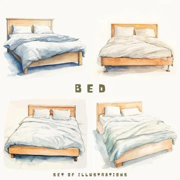 Set of hand drawn vector illustrations of wooden bed with pillows. Stock Illustration