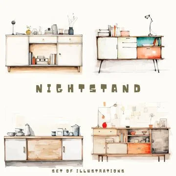 Set of hand drawn vector illustrations. Furniture in the Scandinavian style. Stock Illustration