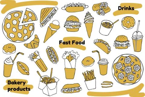 Set  hand drawn vector isolated elements. Takeaway food. Stockillustratie