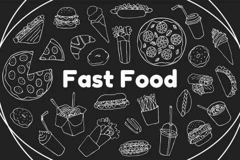 Set  hand drawn vector isolated elements. Takeaway food. 스톡 일러스트