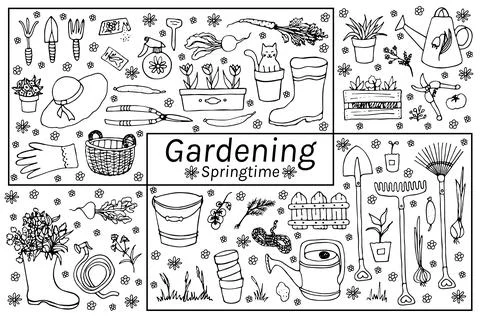 Set  hand drawn vector isolated elements. Gardening. Springtime. Illustrazione stock