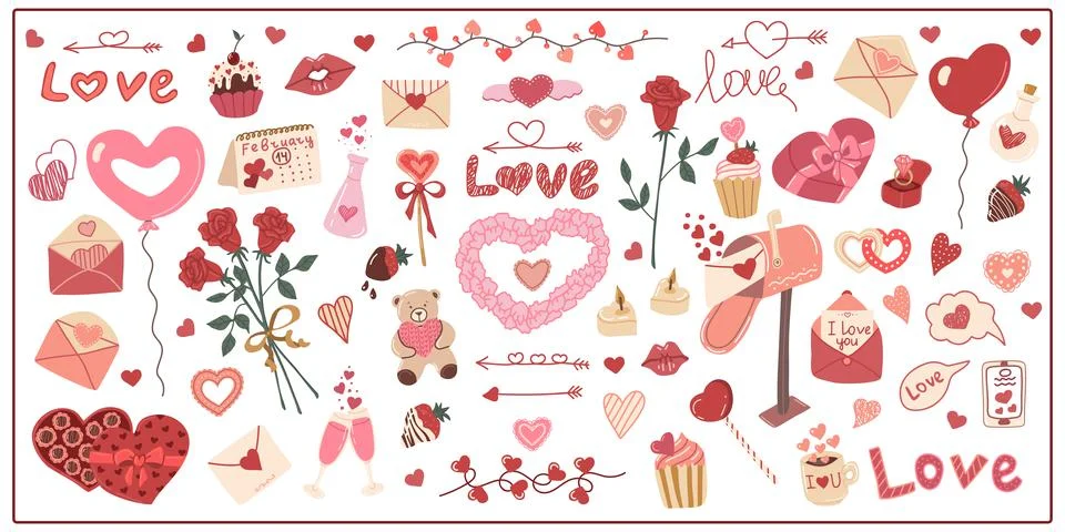 Set  hand drawn vector isolated elements of Valentine day. Decoration Illustrazione stock