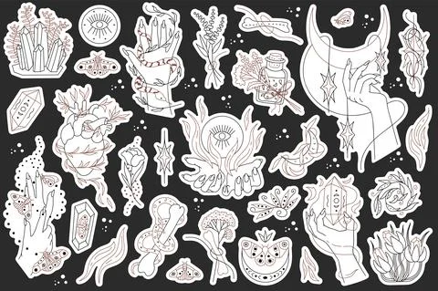 Set  hand drawn vector isolated stickers of Mysticism. Witchcraft attributes. Stock Illustration