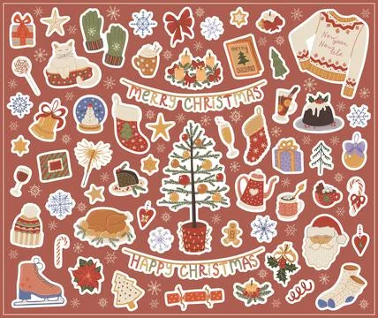 Set  hand drawn vector isolated stickers of Christmas. Decoration Stock Illustration