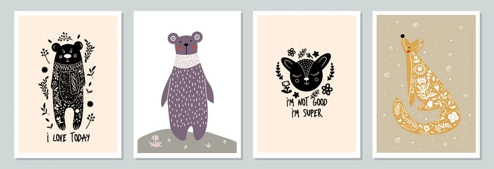 Set of hand drawn vector posters with forest animals and plants. Cute Stock Illustration