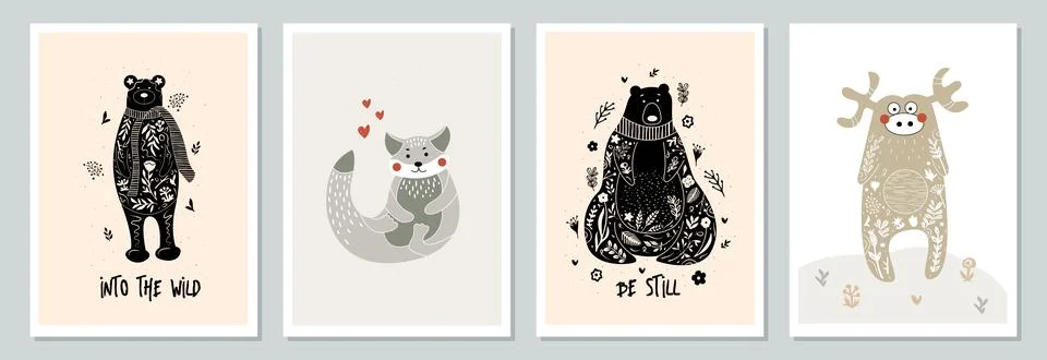 Set of hand drawn vector posters with forest animals and plants. Cute Stock Illustration