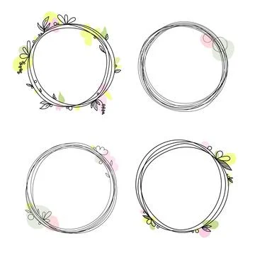 Set of hand drawn vector round frames. Floral wreaths with leaves, spots イラスト素材