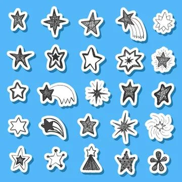 Set of hand drawn vector stars in doodle style on blue background. Stock Illustration