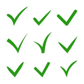 Set of hand-drawn vector tick check in green color. Variety of ticks Stock Illustration