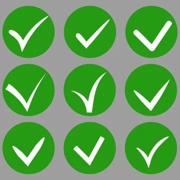 Set of hand-drawn vector tick check in white color inside green circle Stock Illustration