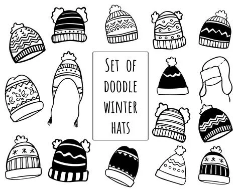 Set of hand drawn vector winter caps and hats doodles Stock Illustration