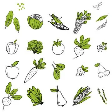 Set of hand drawn vegetable and fruit icons Stock Illustration