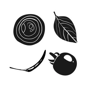 Set of hand drawn vegetable and spice illustrations in black on a white bac.. Stock Illustration