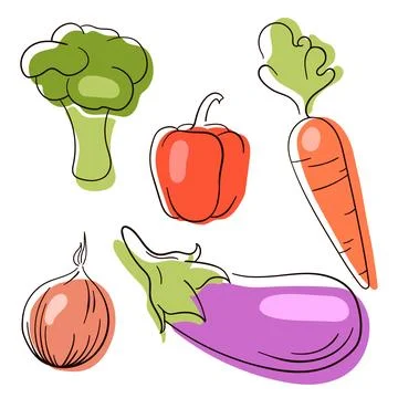 Set of hand drawn vegetables. Vegetables sketch collection in line art style Stock Illustration