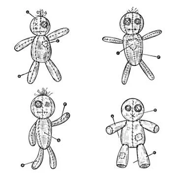 Set of hand-drawn voodoo dolls. Vector cartoon illustrations. Stock Illustration