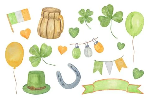 A set of hand drawn watercolor elements, symbols of St Patrick's day Stock Illustration