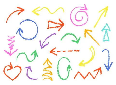 Set of hand drawn wax crayon fun colorful arrows. Hand drawn design elements Illustrazione stock