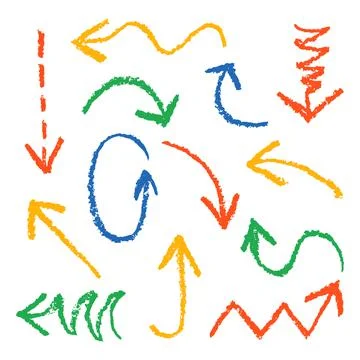 Set of hand drawn wax crayon fun colorful arrows Stock Illustration