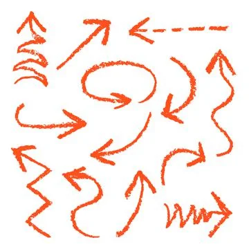 Set of hand drawn wax crayon fun red arrows Stock Illustration